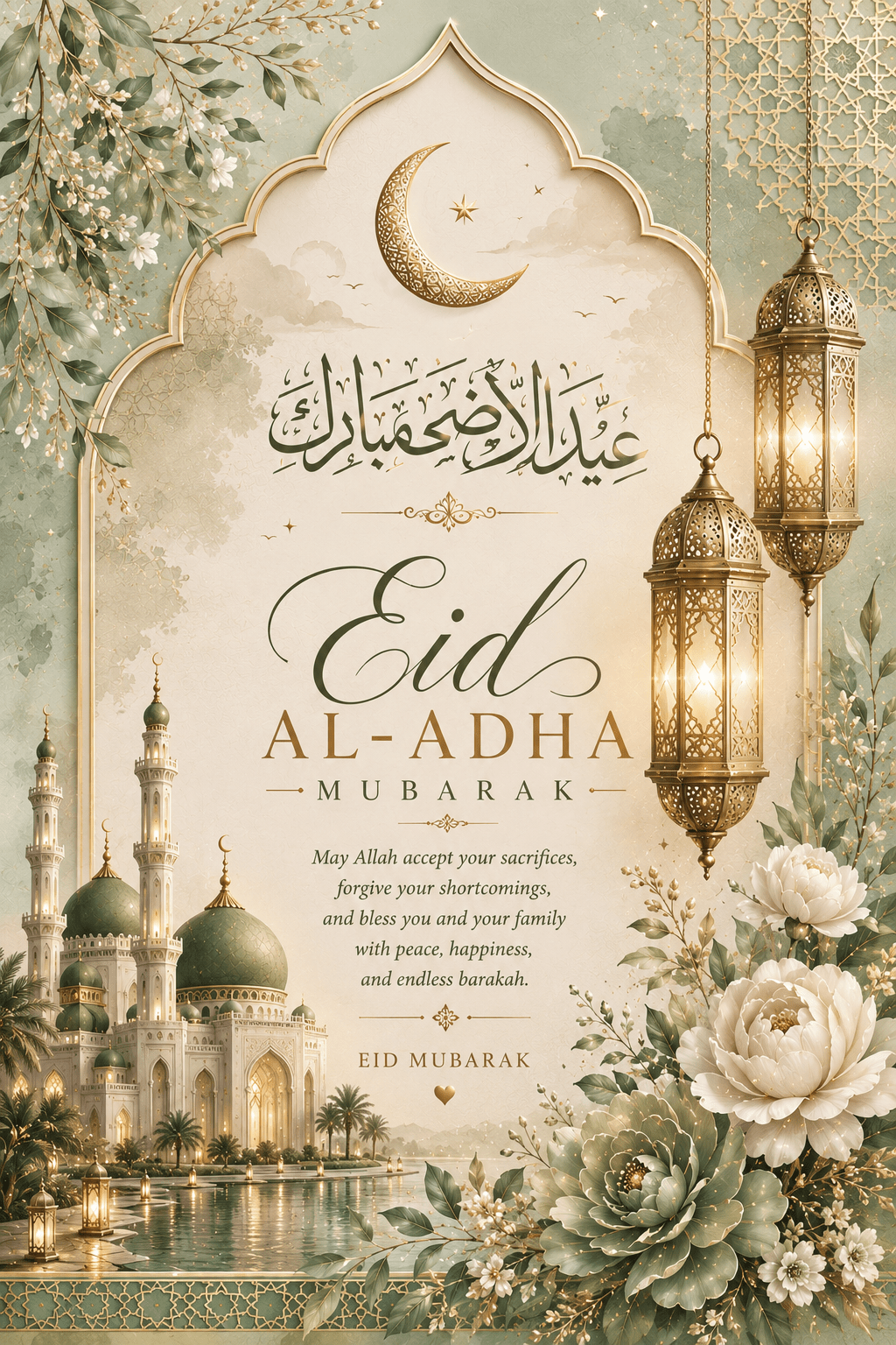 Noor Al - Eid | Elegant Light Emerald Eid al - Adha Digital Greeting Card - Barakkah Boutique