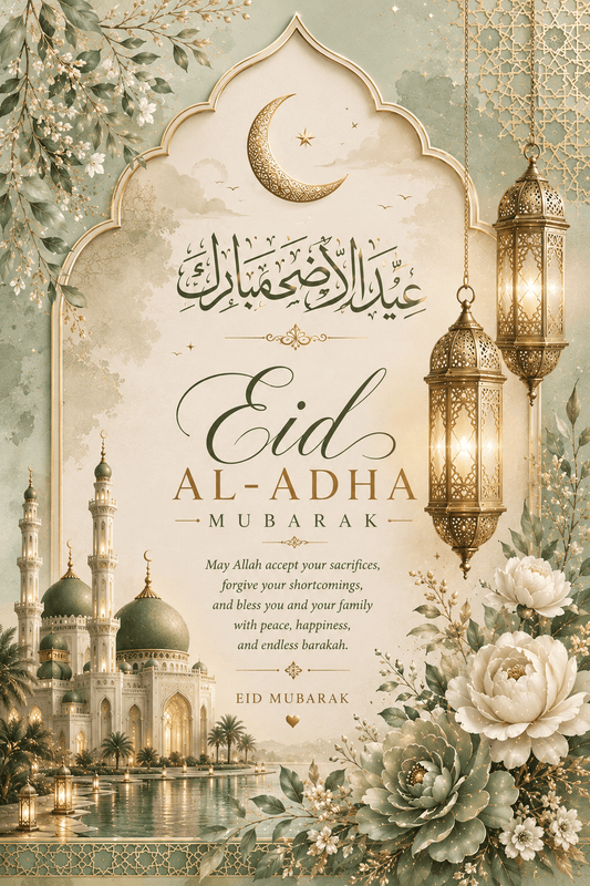 Noor Al - Eid | Elegant Light Emerald Eid al - Adha Digital Greeting Card - Barakkah Boutique